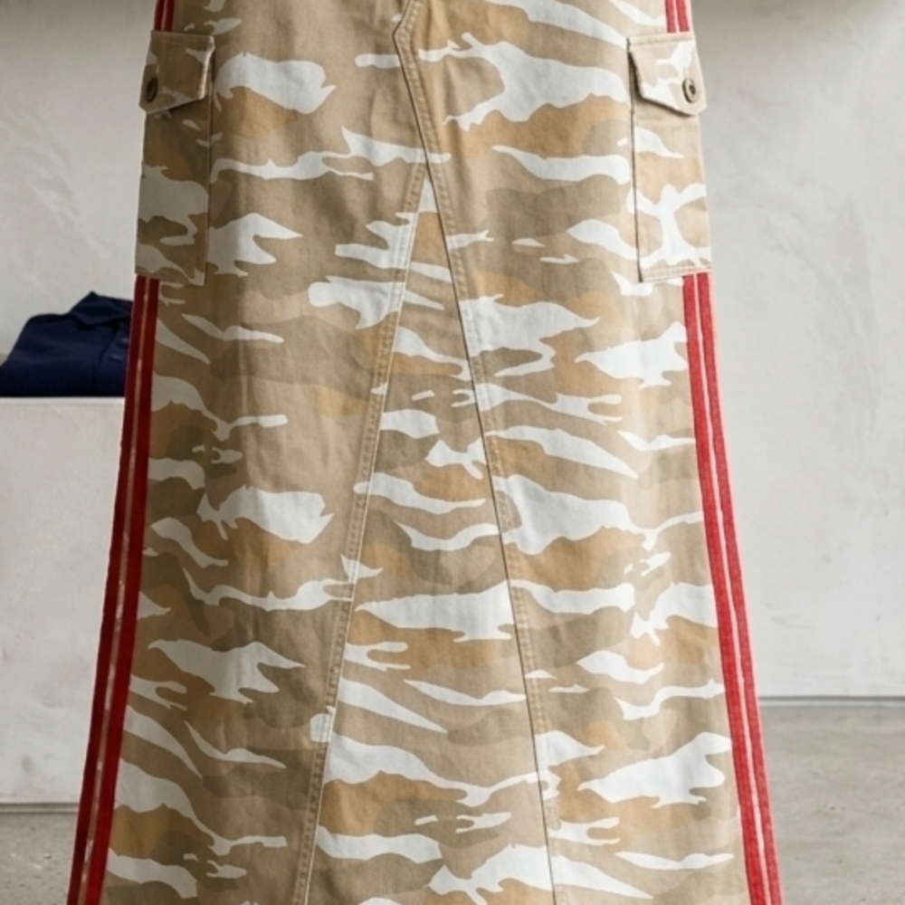 Women’s Beige and White Camouflage Midi Skirt with Red Side Stripes